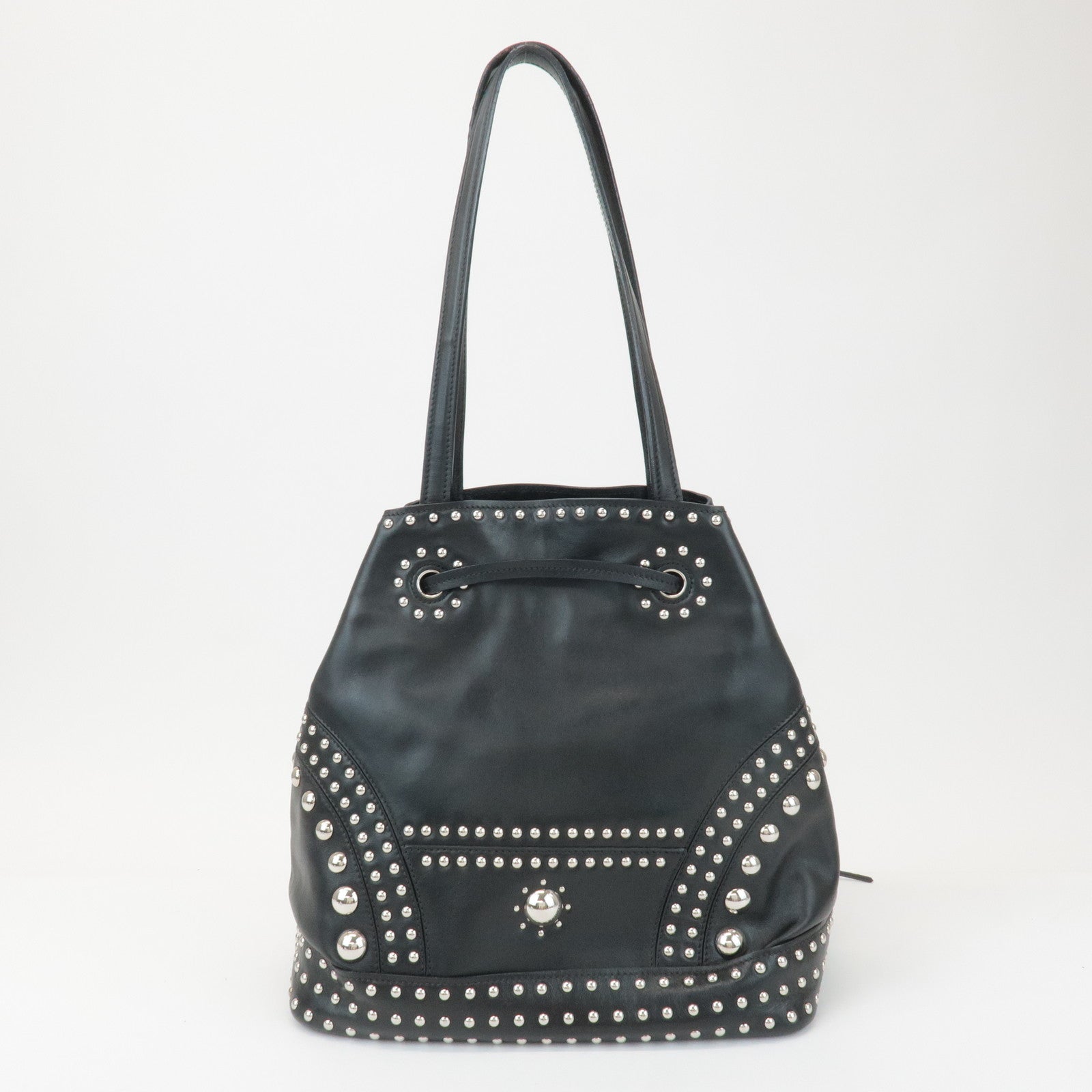 حقيبة كتف برباط جلد العجل مرصعة بشراشيب برادا