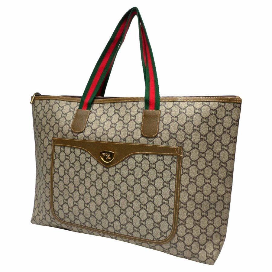 GUCCI Old GucciPLUS Plus Tote Bag Travel Boston Unisex 1970s 70'S GG Pattern Sherry Line/Pigskin Gold Hardware Brown/Beige | Studio Nafay