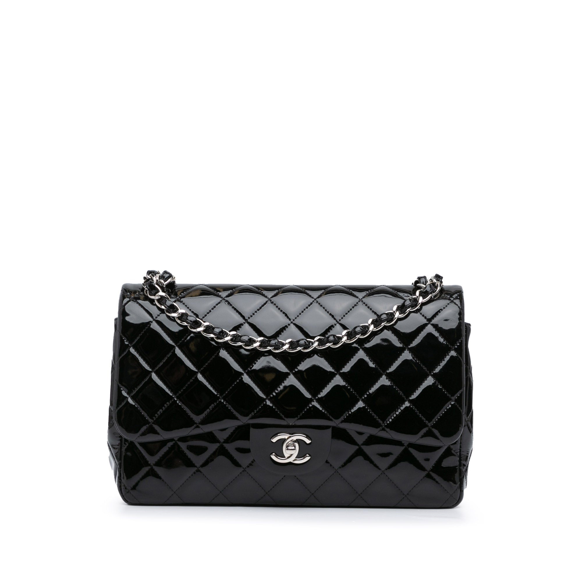 أسود Chanel Jumbo Classic Patent Double Flap حقيبة كتف