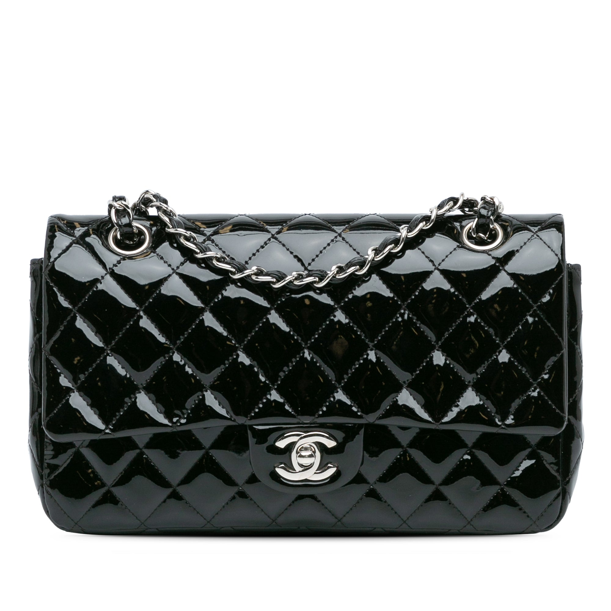 أسود Chanel متوسط Classic Patent Double Flap حقيبة كتف