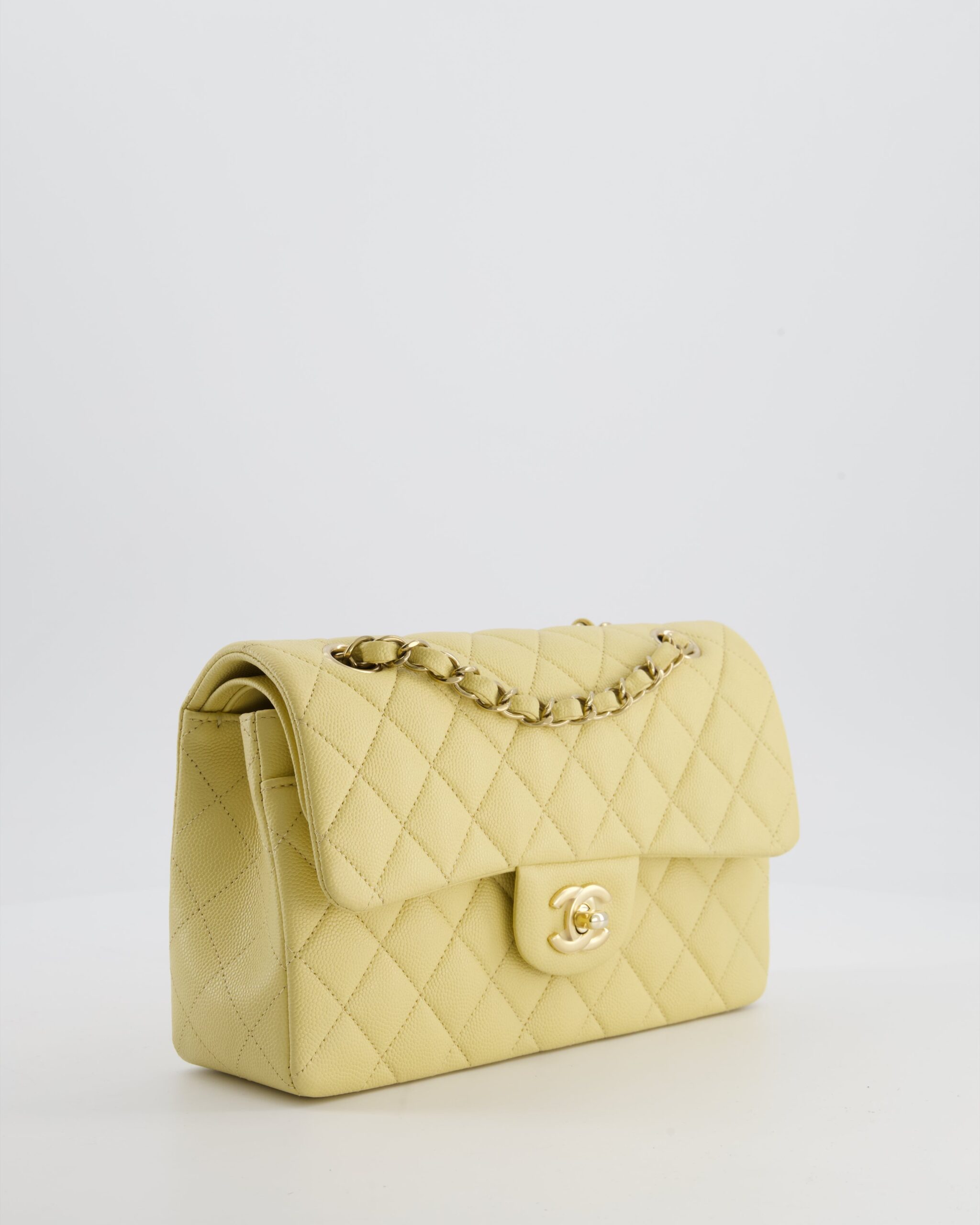 *RARE COLOUR* Chanel صغير Classic Double حقيبة بغطاء in Butter Yellow Caviar جلد with Champagne إكسسوارات ذهبية