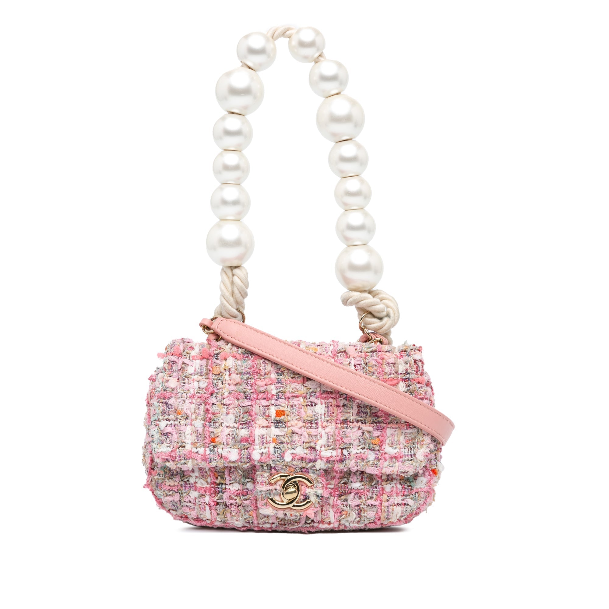 وردي Chanel ميني Tweed Pearl Top Handle Flap Satchel