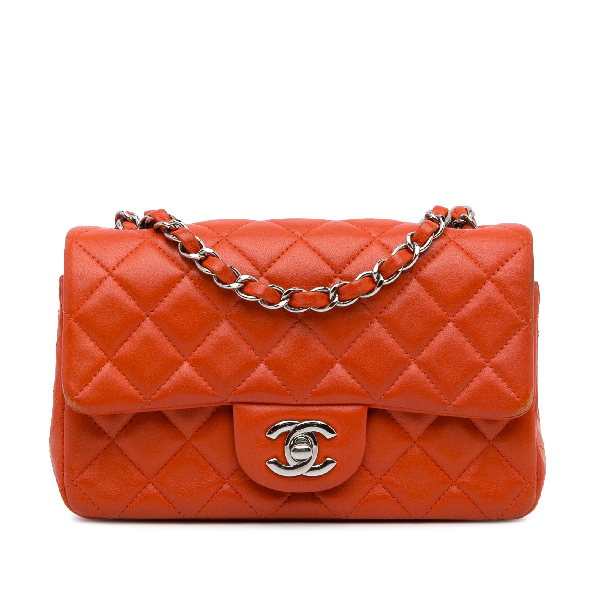 برتقالي Chanel ميني Rectangular Classic Lambskin Single Flap حقيبة كروس