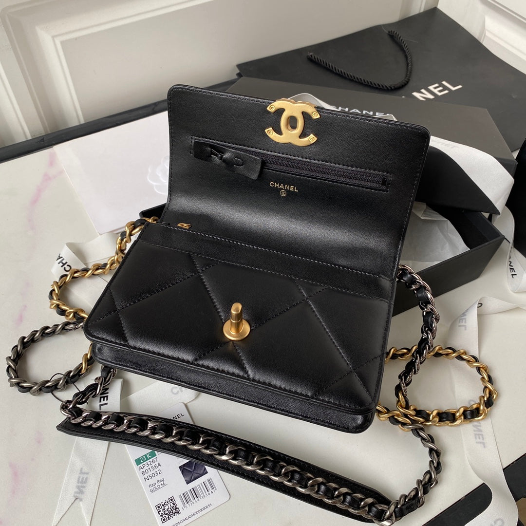 19 WOC 19CM أسود LAMBSKIN إكسسوارات ذهبية