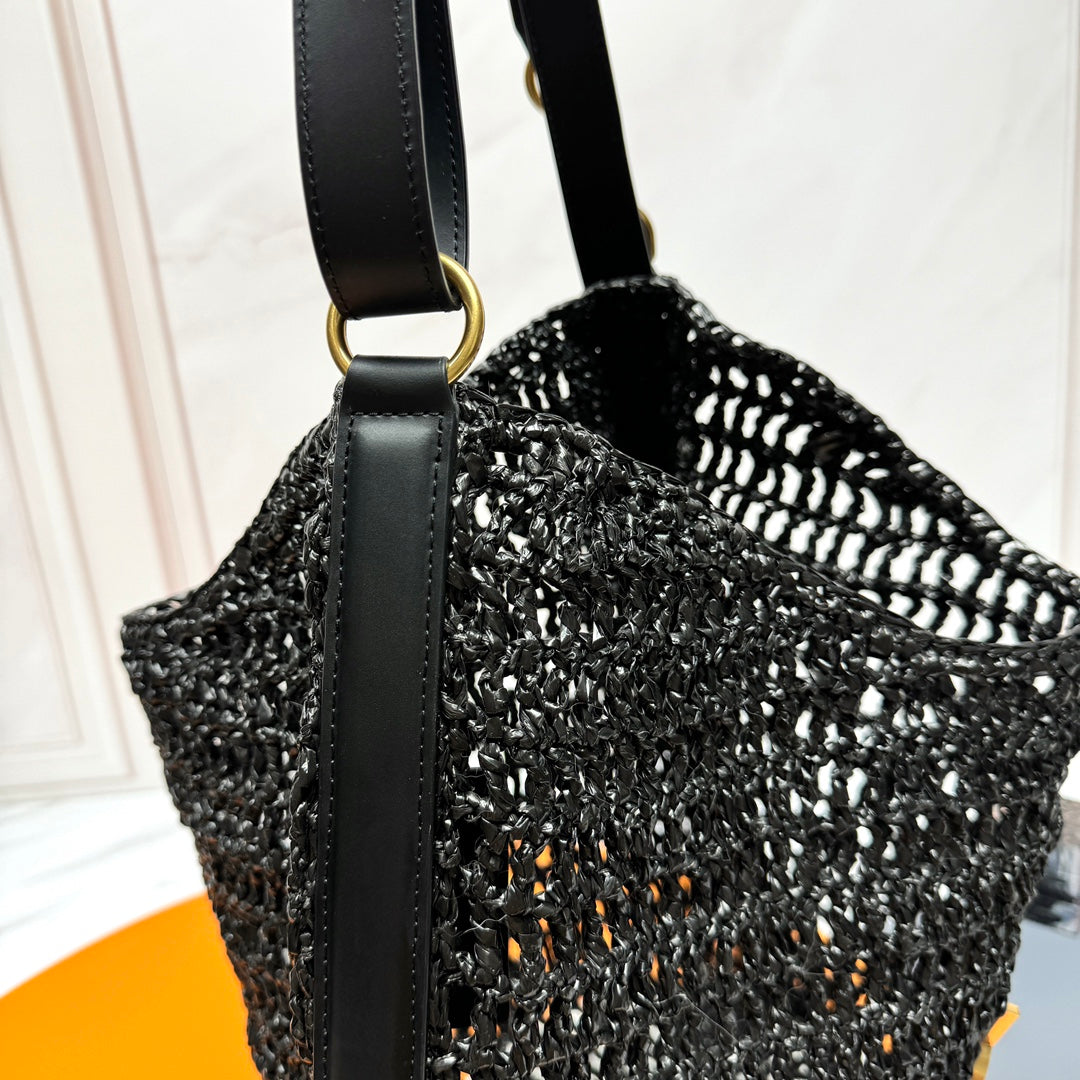 YSL OXALIS 37CM أسود RAFFIA TAN جلد عجل